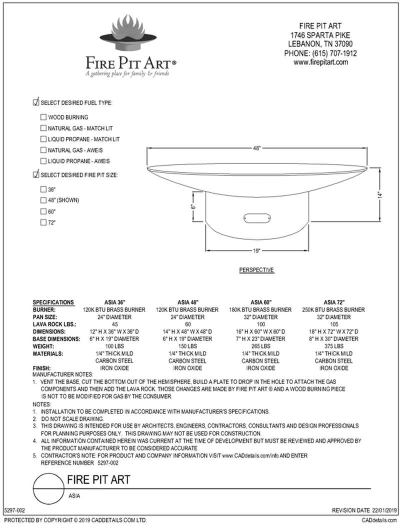 Fire Pit Art Asia 60" | Electric Fire Pit | Propane Fire Pit | Natural Gas Fire Pit | Round Fire Pit | 180,000 BTUs Fire Pit